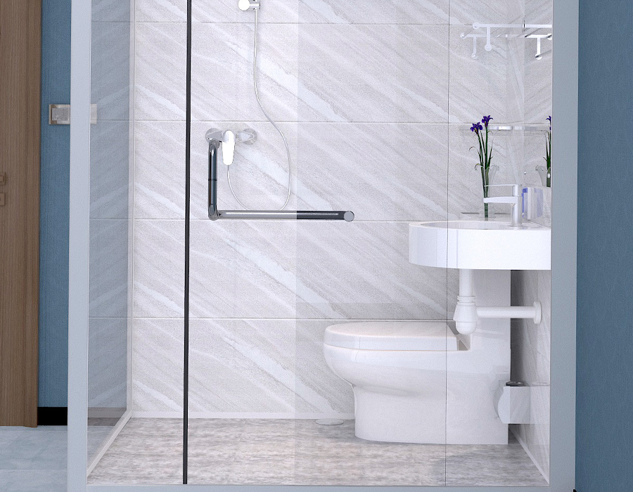 Baño integrado modular con pared de vidrio y paneles interiores de fibra de resina PEC