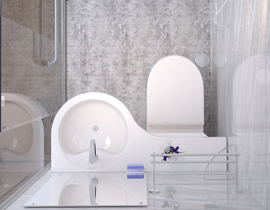 Baño integrado modular con pared de vidrio y paneles interiores de fibra de resina PEC