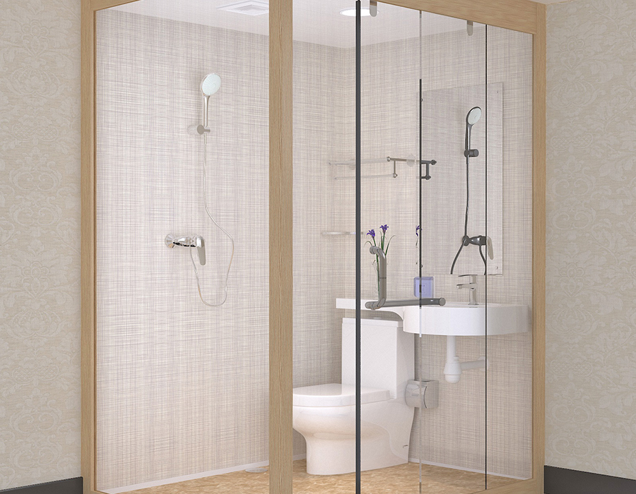 Baño modular de hotel con paneles de pared interiores de fibra de resina PEC y paredes exteriores de vidrio