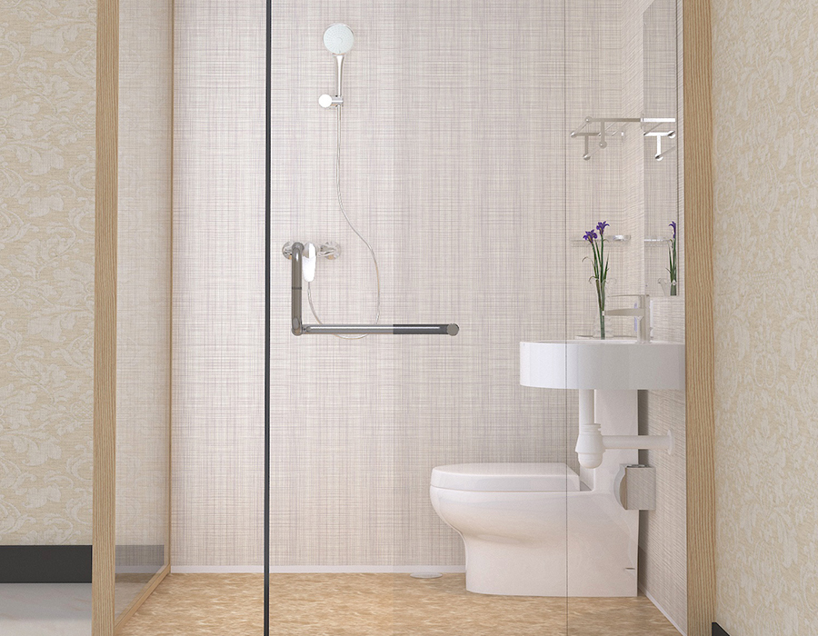 Baño modular de hotel con paneles de pared interiores de fibra de resina PEC y paredes exteriores de vidrio