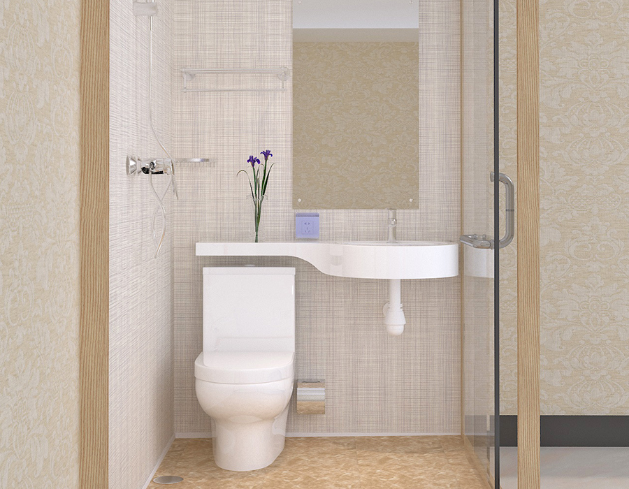 Baño modular de hotel con paneles de pared interiores de fibra de resina PEC y paredes exteriores de vidrio