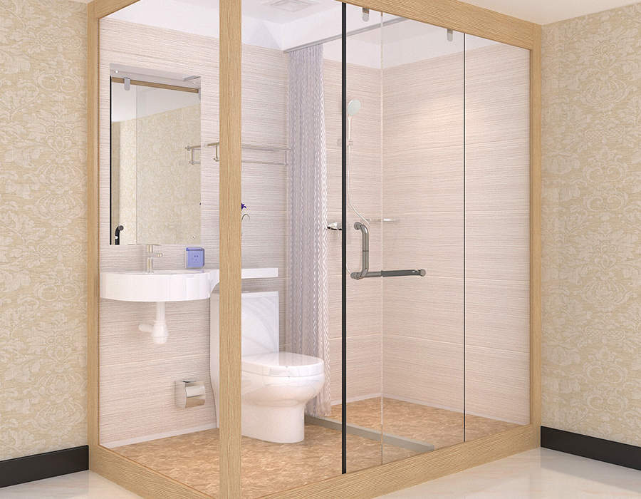 Baño modular de hotel con paneles interiores de fibra de resina PEC y paredes exteriores de vidrio