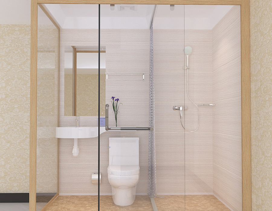 Baño modular de hotel con paneles interiores de fibra de resina PEC y paredes exteriores de vidrio