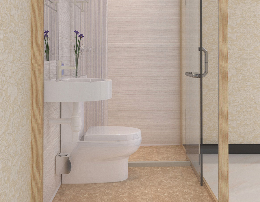 Baño modular de hotel con paneles interiores de fibra de resina PEC y paredes exteriores de vidrio