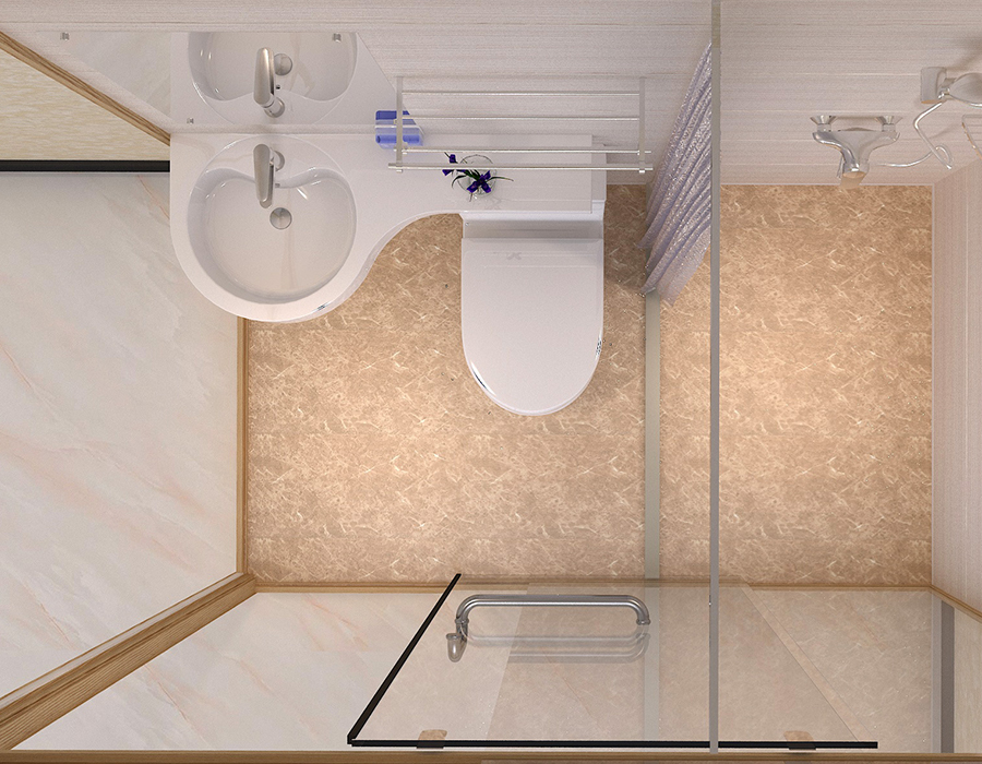 Baño modular de hotel con paneles interiores de fibra de resina PEC y paredes exteriores de vidrio
