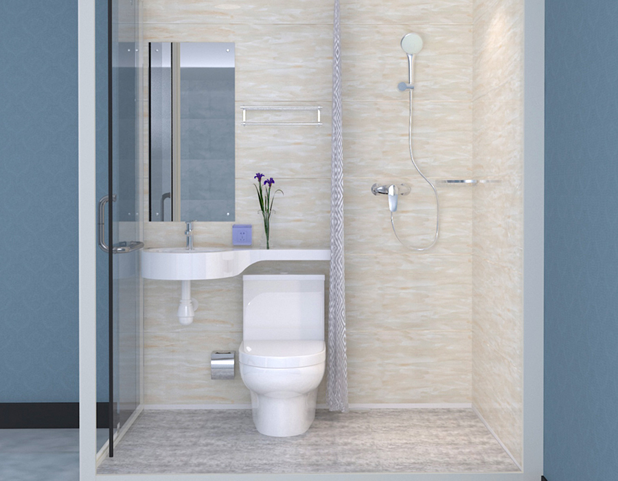 Baño modular prefabricado con paredes exteriores de vidrio para una instalación rápida y eficiente