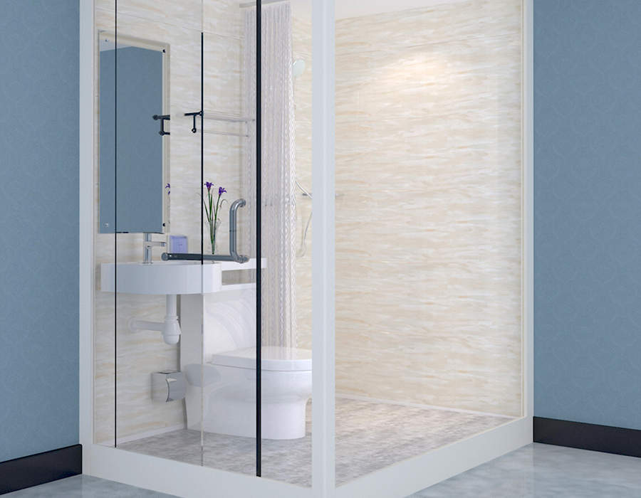Baño modular prefabricado con paredes exteriores de vidrio para una instalación rápida y eficiente