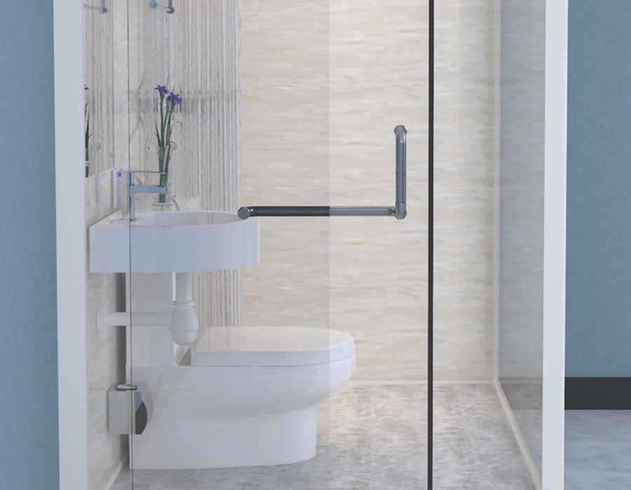 Baño modular prefabricado con paredes exteriores de vidrio para una instalación rápida y eficiente