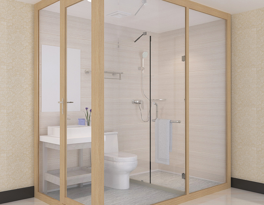 Solución de baño integrada con sistema de paneles completos para instalaciones prefabricadas