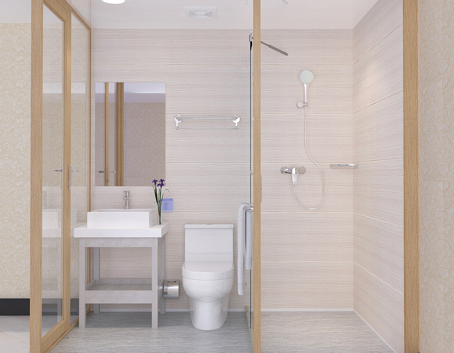 Solución de baño integrada con sistema de paneles completos para instalaciones prefabricadas