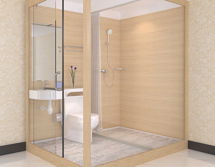 Baño prefabricado con paneles de pared interior de fibra de resina PEC y pared exterior de vidrio