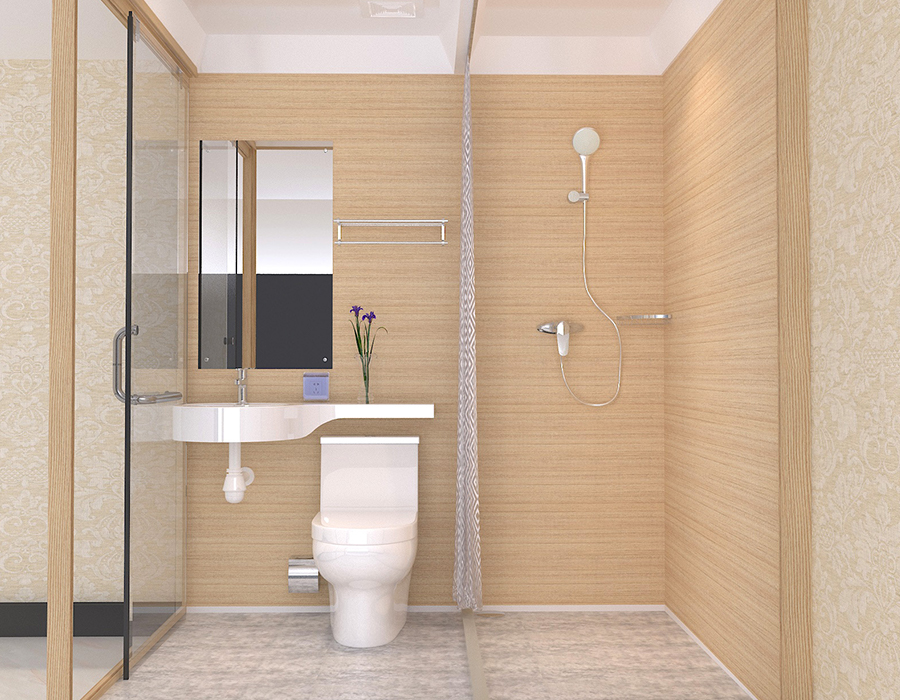 Baño prefabricado con paneles de pared interior de fibra de resina PEC y pared exterior de vidrio
