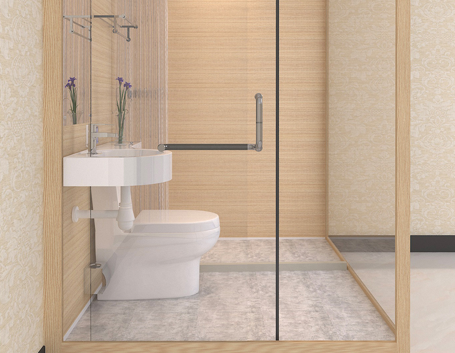 Baño prefabricado con paneles de pared interior de fibra de resina PEC y pared exterior de vidrio