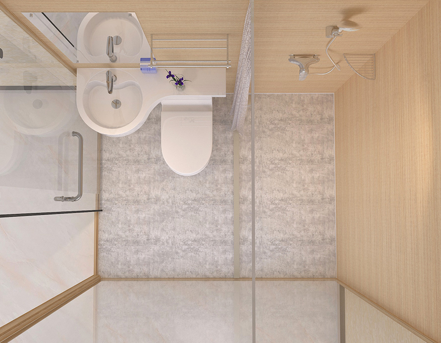Baño prefabricado con paneles de pared interior de fibra de resina PEC y pared exterior de vidrio
