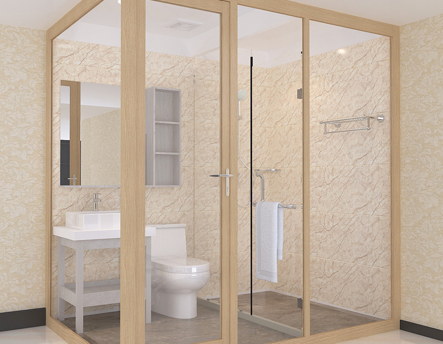 Baño integrado en dormitorio con paneles interiores de fibra de resina PEC y paredes exteriores de vidrio