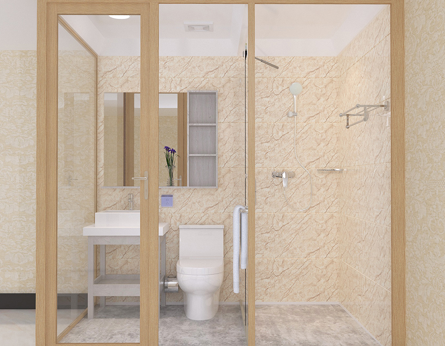 Baño integrado en dormitorio con paneles interiores de fibra de resina PEC y paredes exteriores de vidrio