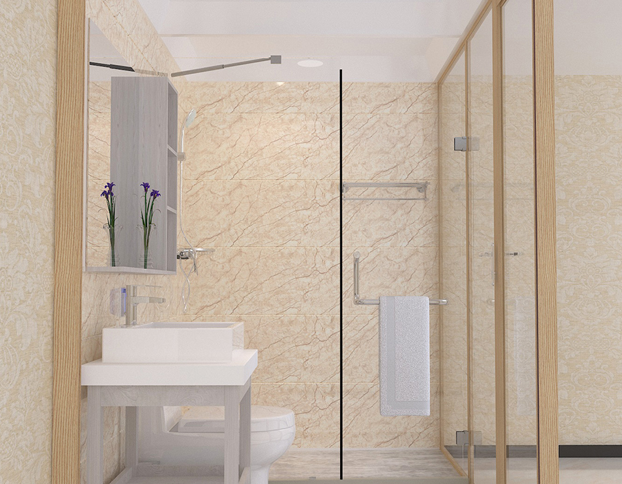 Baño integrado en dormitorio con paneles interiores de fibra de resina PEC y paredes exteriores de vidrio