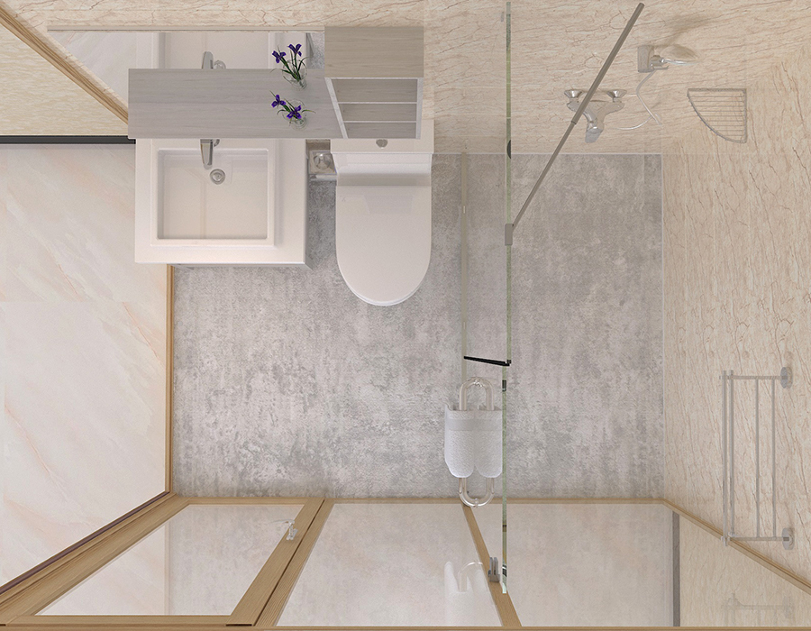 Baño integrado en dormitorio con paneles interiores de fibra de resina PEC y paredes exteriores de vidrio