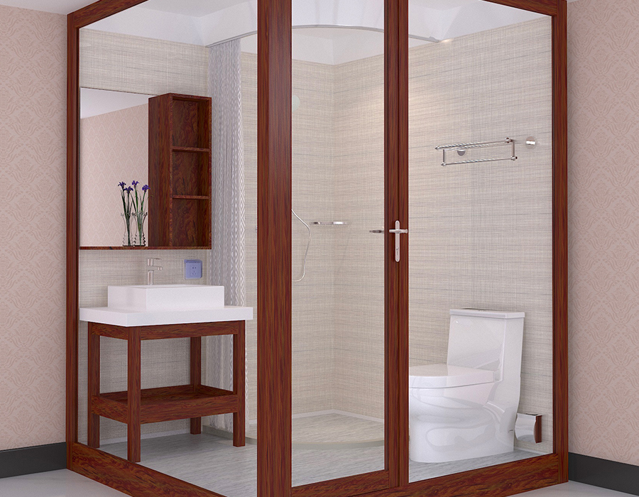 Baño modular de apartamento con base RTM y fibra de resina PEC con paredes de vidrio