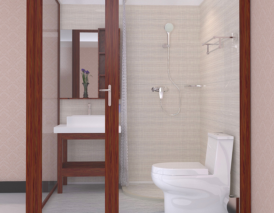 Baño modular de apartamento con base RTM y fibra de resina PEC con paredes de vidrio