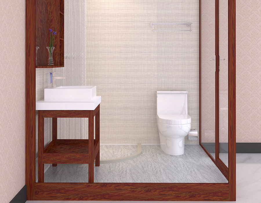 Baño modular de apartamento con base RTM y fibra de resina PEC con paredes de vidrio