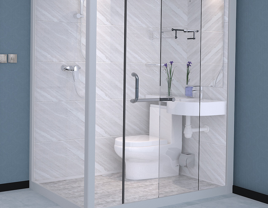 Baño integrado modular con pared de vidrio y paneles interiores de fibra de resina PEC