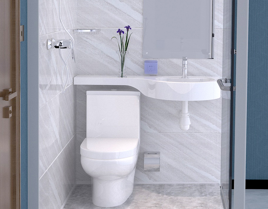 Baño integrado modular con pared de vidrio y paneles interiores de fibra de resina PEC